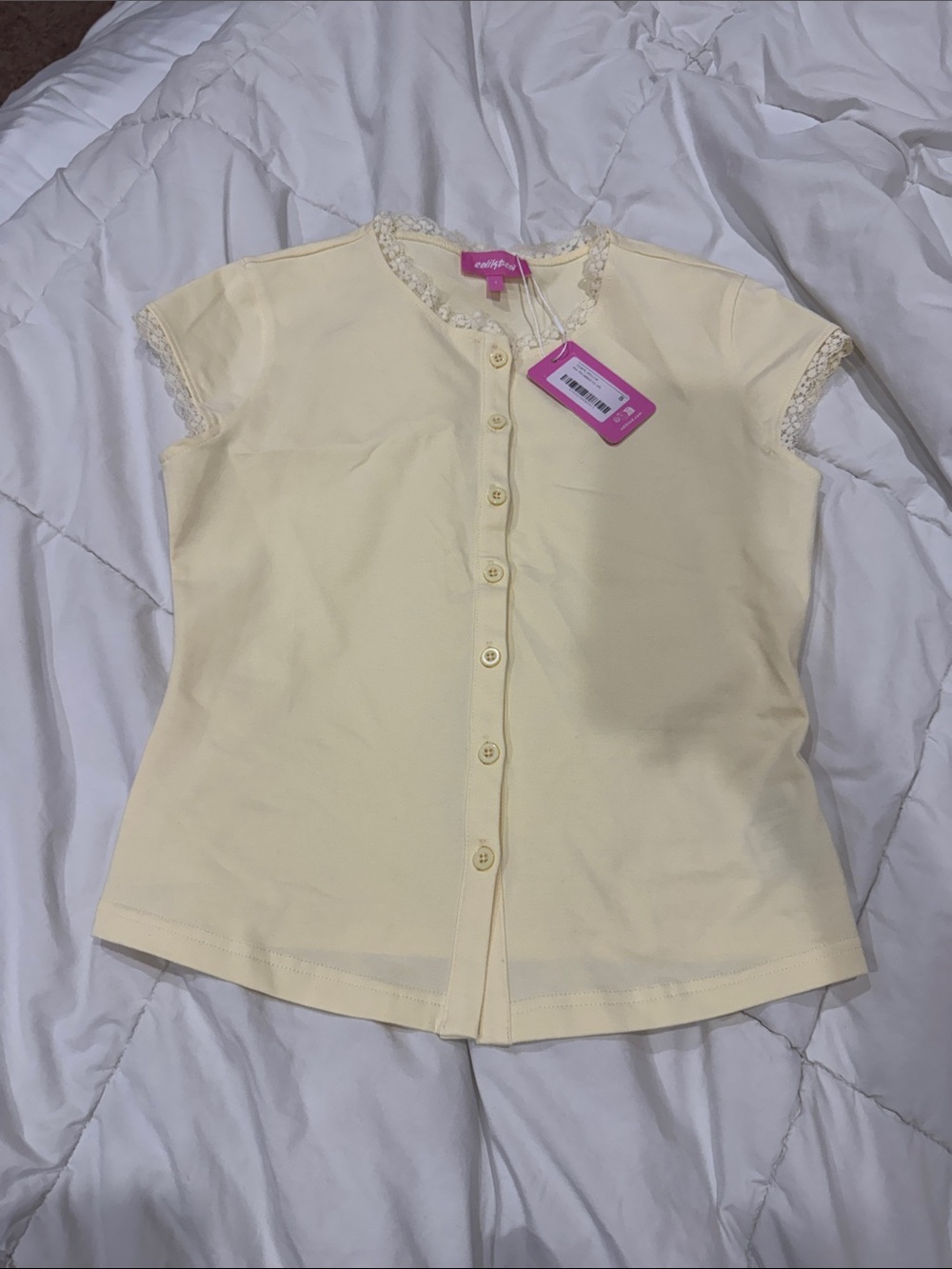 Princess Polly Pale Yellow Lace-Trim Button Down Top
